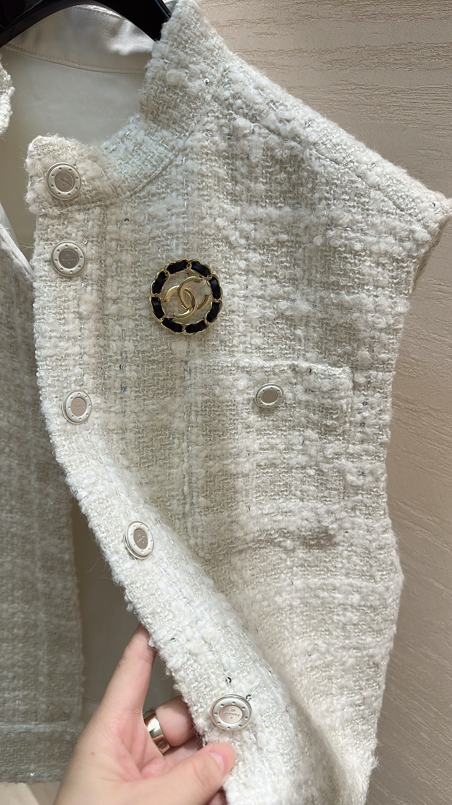 CC Stand-Collar Vest Jacket Cream White Tweed 415627