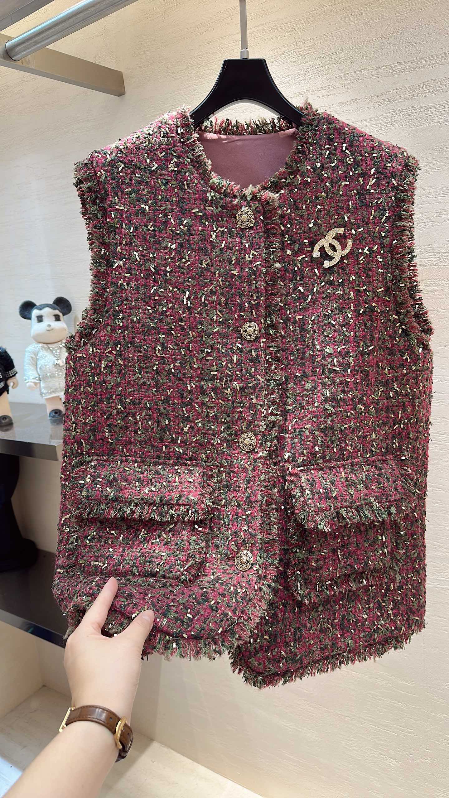 CC Vest Jacket Fringe Trim Berry Multicolor Tweed 415630
