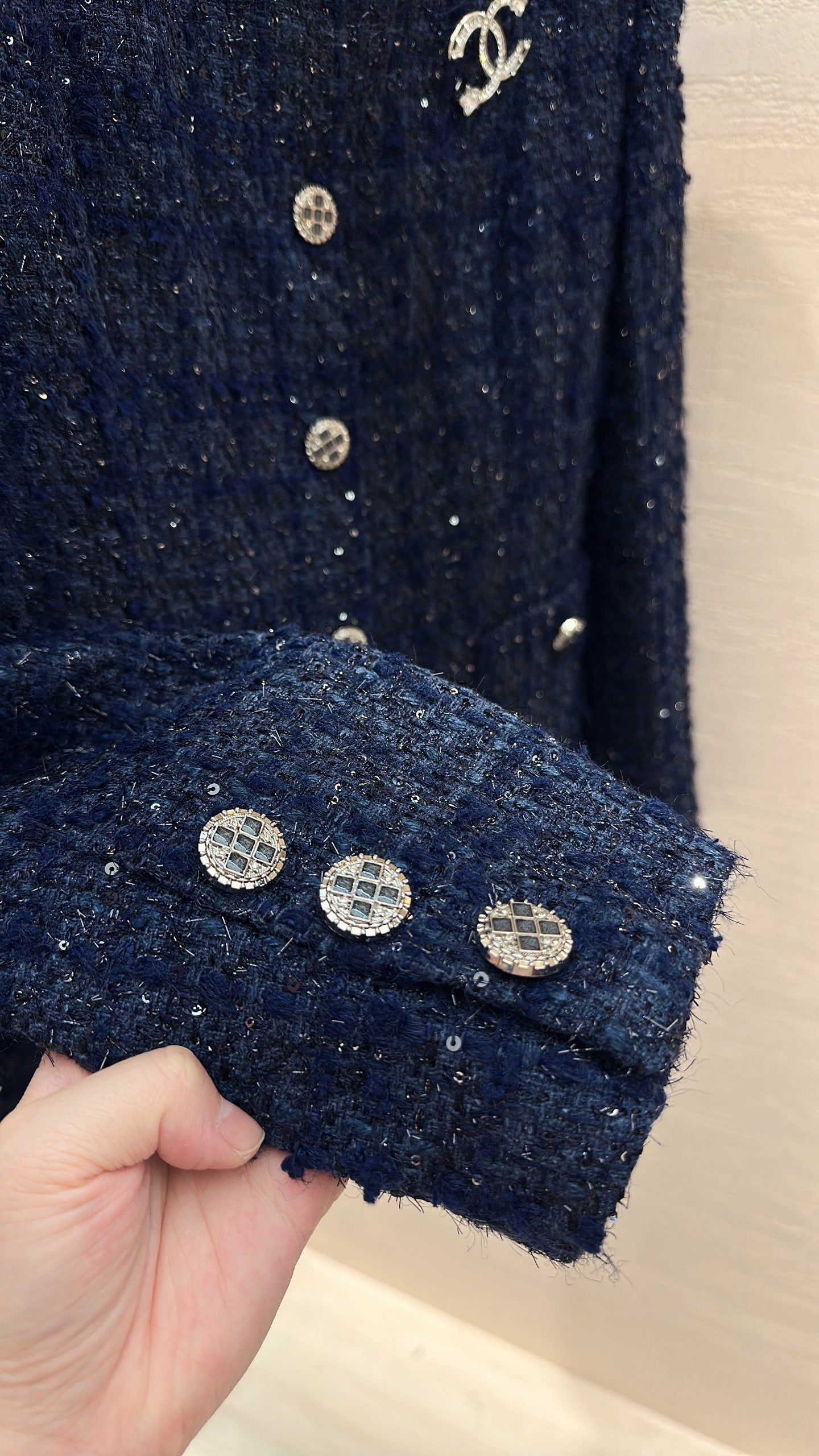 CC Cropped Jacket Rhinestone Buttons Navy Blue Tweed 415579