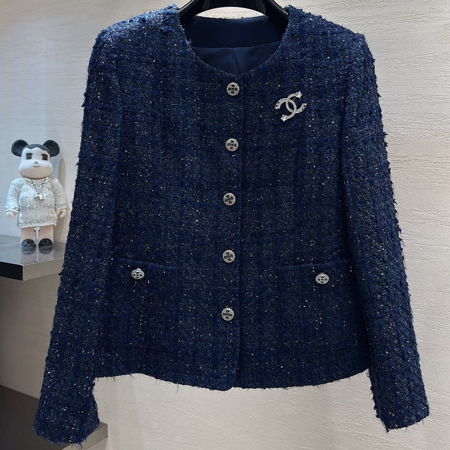 CC Cropped Jacket Rhinestone Buttons Navy Blue Tweed 415579