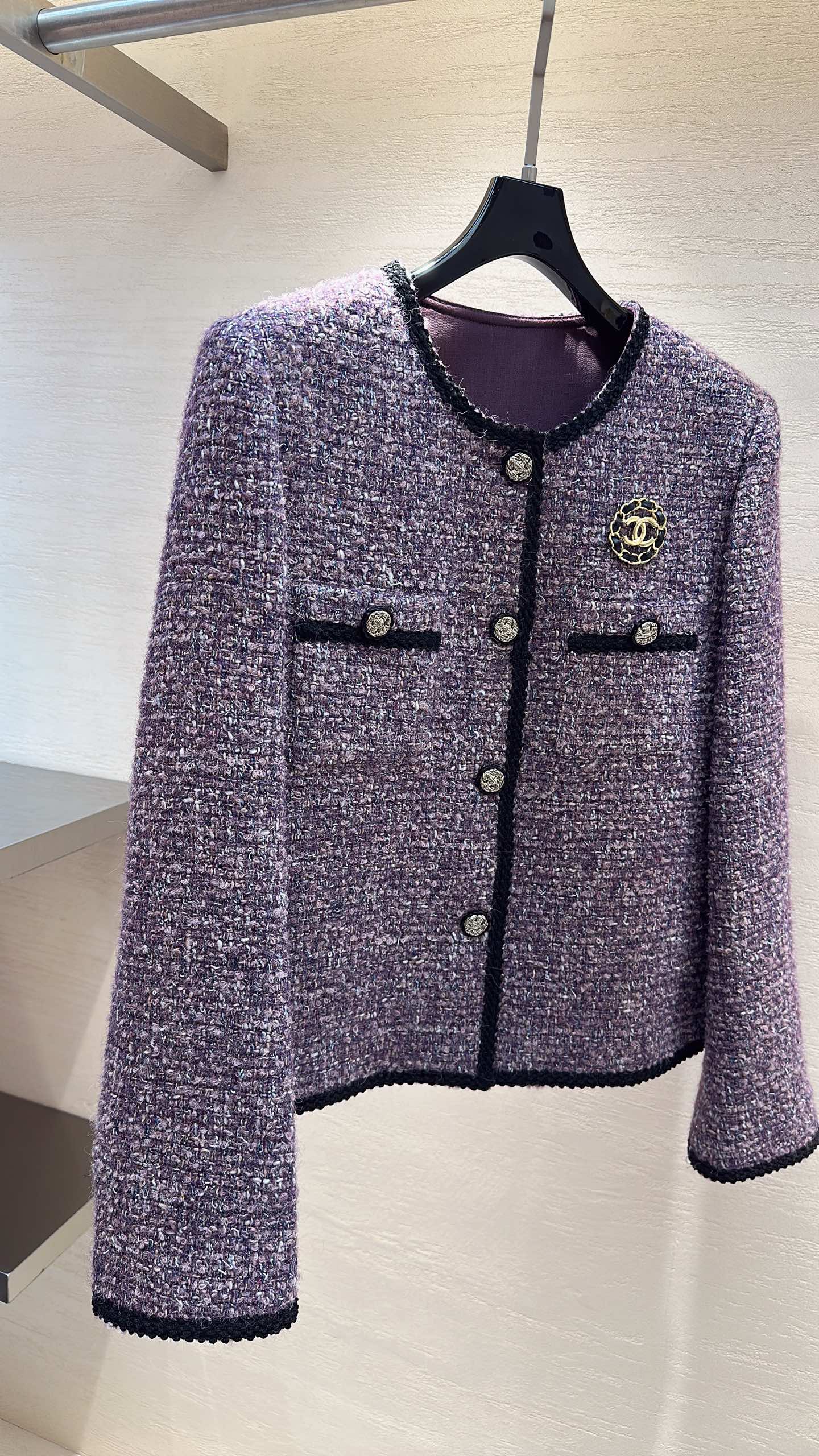 CC Rhinestone Pocket Jacket Gold Buttons Grape Purple Tweed 415599