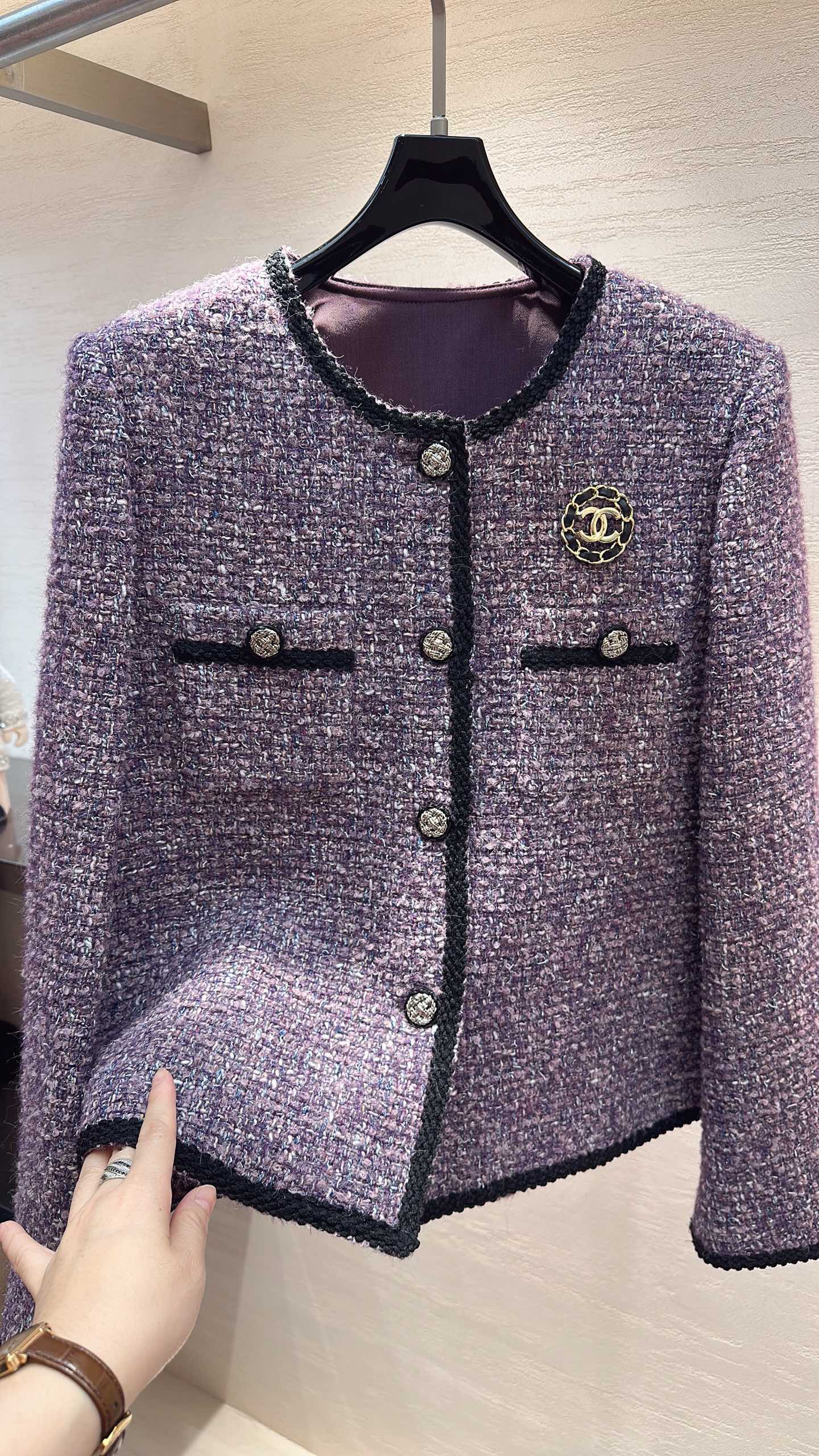 CC Rhinestone Pocket Jacket Gold Buttons Grape Purple Tweed 415599