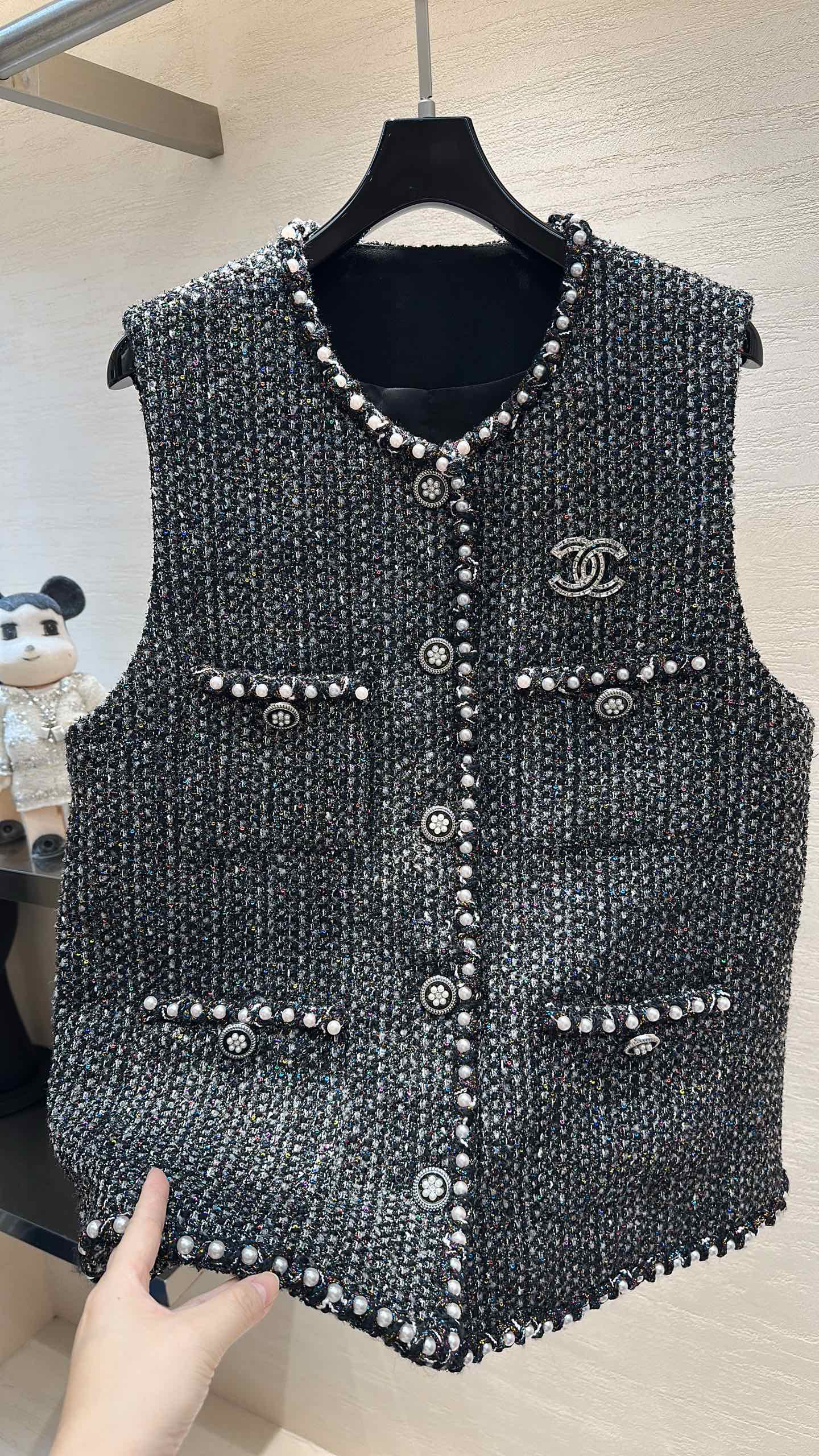 CC Vest Jacket Pearl Chain Trim Black Multicolor Tweed 415605