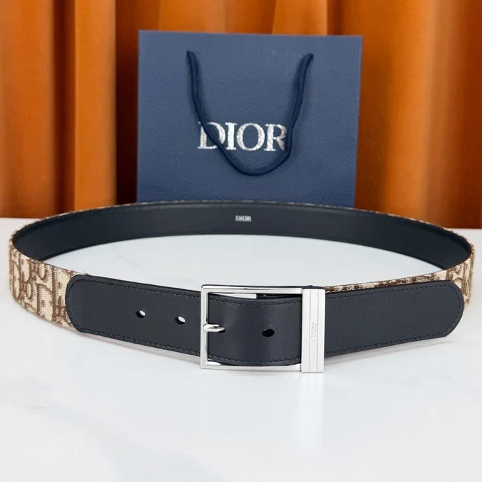 Dior 2026 Oblique Jacquard Reversible Strap Belt 35mm Canvas Leather