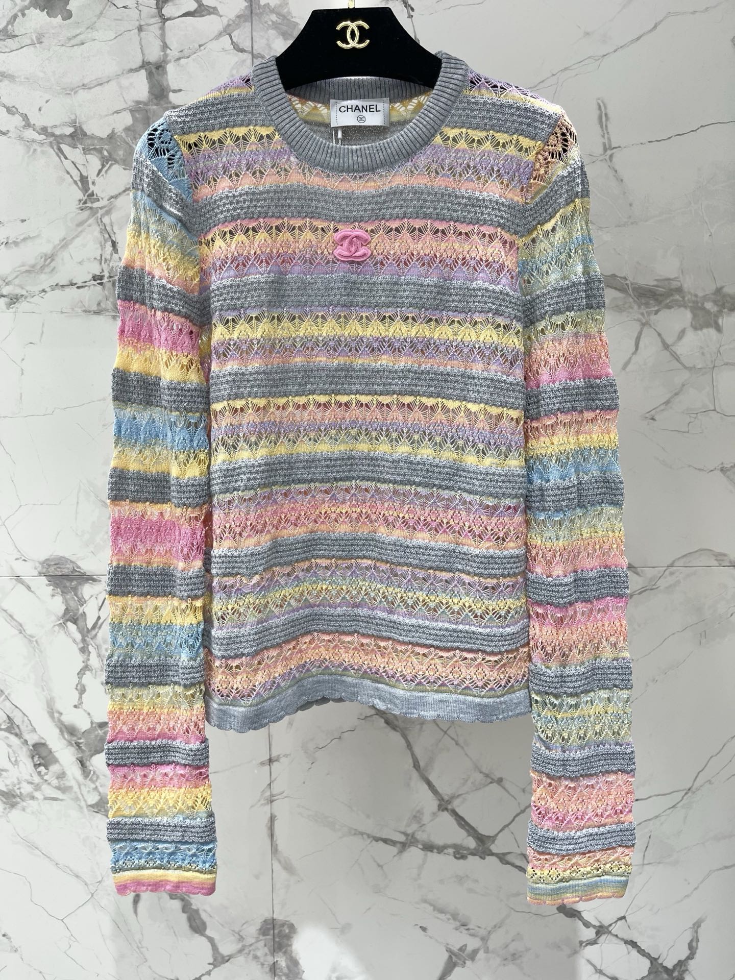 CC Striped Open-Knit Sweater Pastel Tencel 802093