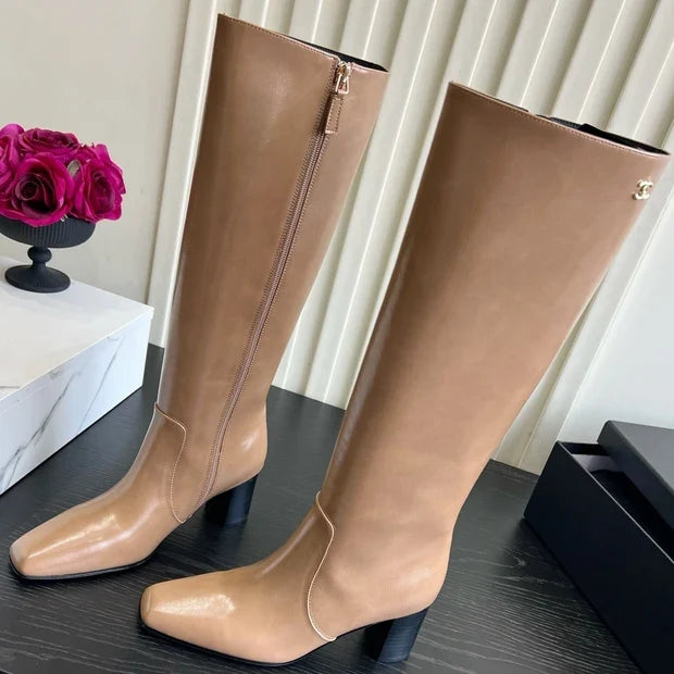 Chanel 2026 Square Toe Chunky Heel High Boots 50mm Cowhide 977240