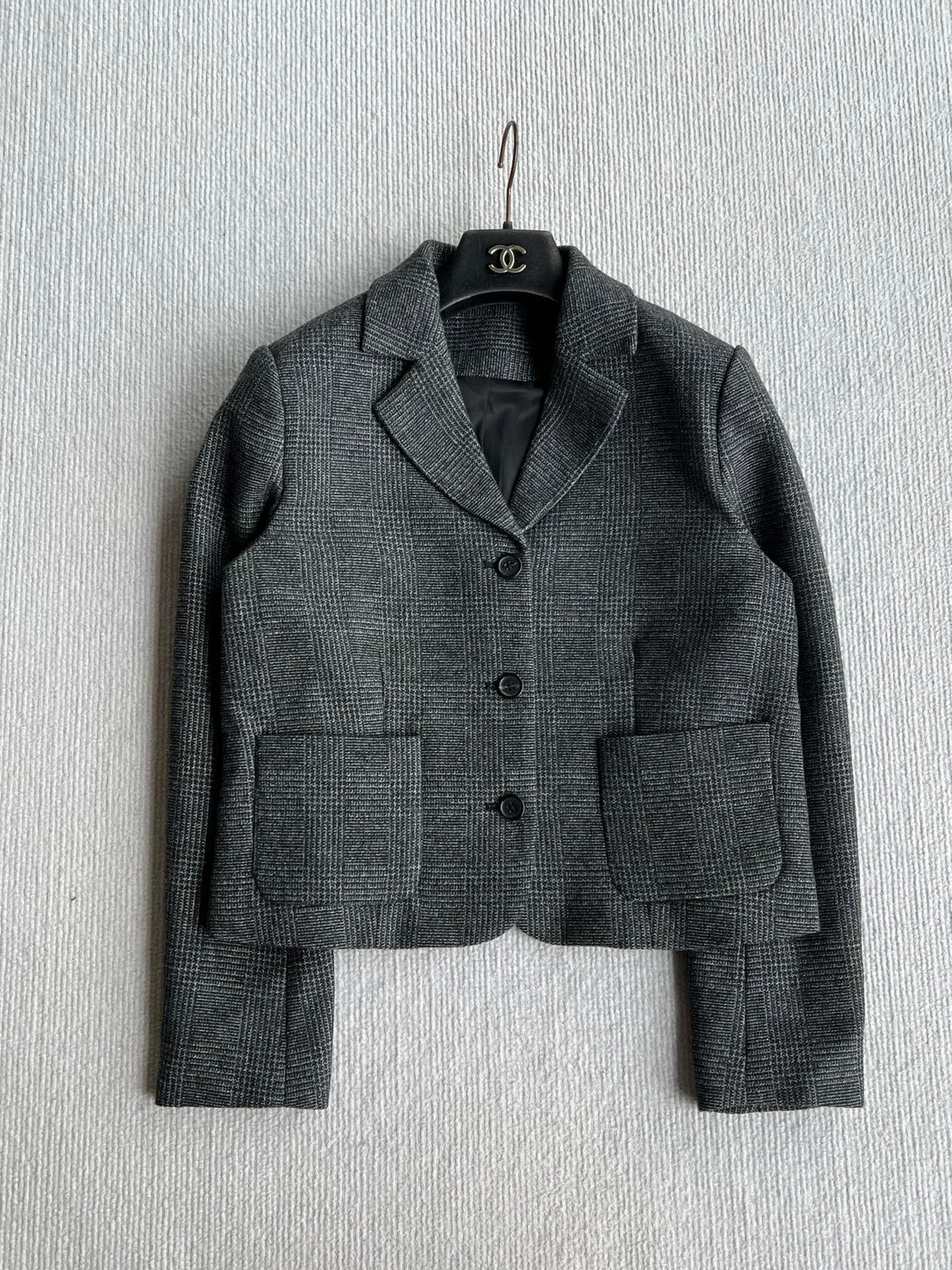 Celine 26s Plaid Blazer Skirt Set Wool Blend Grey 439698