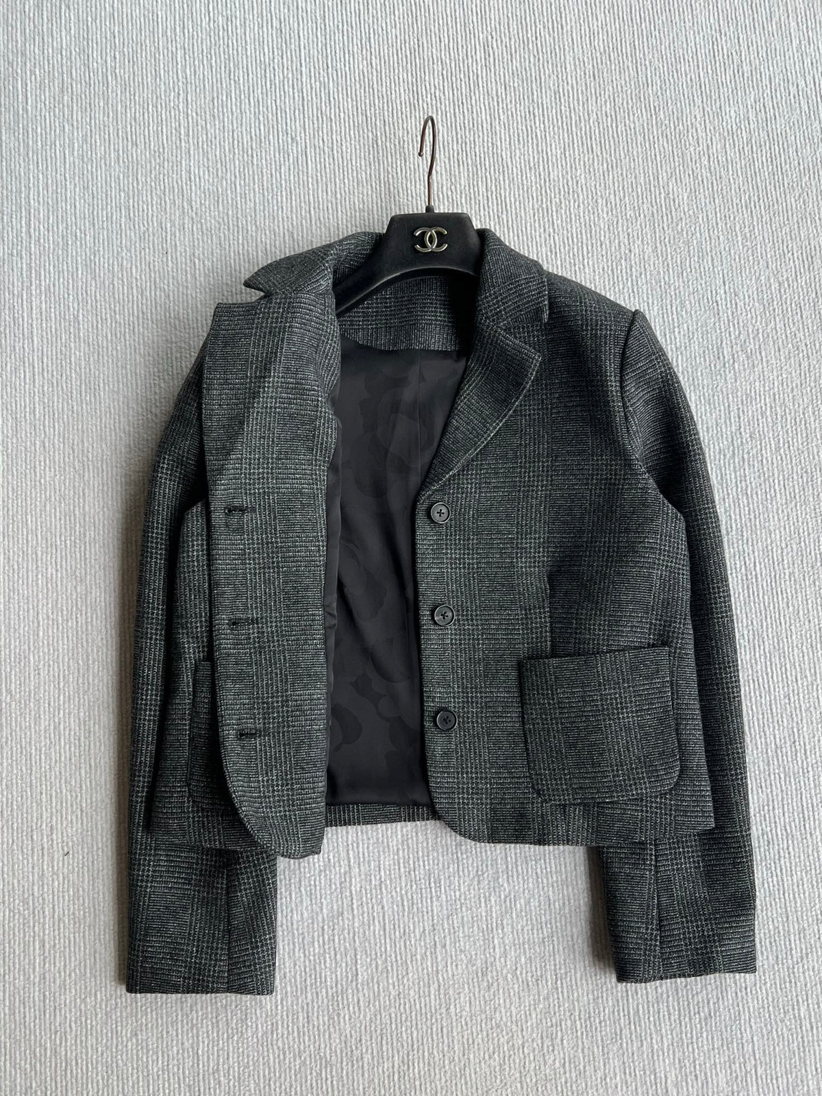 Celine 26s Plaid Blazer Skirt Set Wool Blend Grey 439698