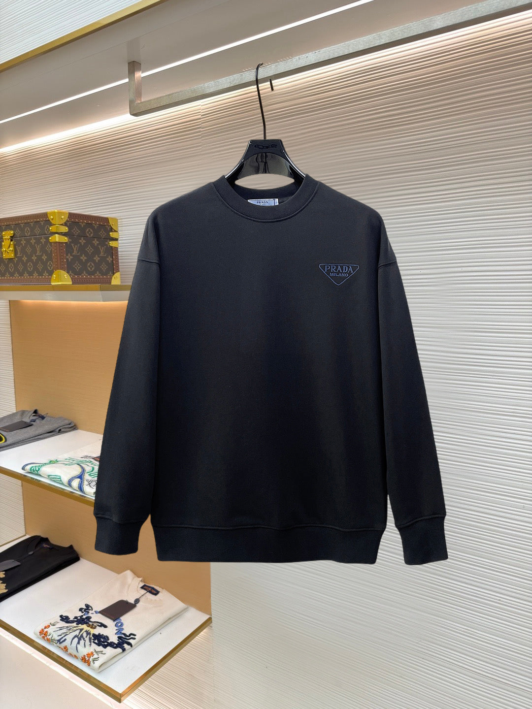 Prada 26s Men Crewneck Sweatshirt Embroidered Triangle Logo 835291