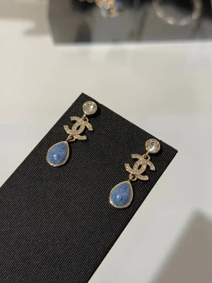 Chanel 2026 Light Gold Round Diamond Double C Teardrop Pendant Denim Earrings