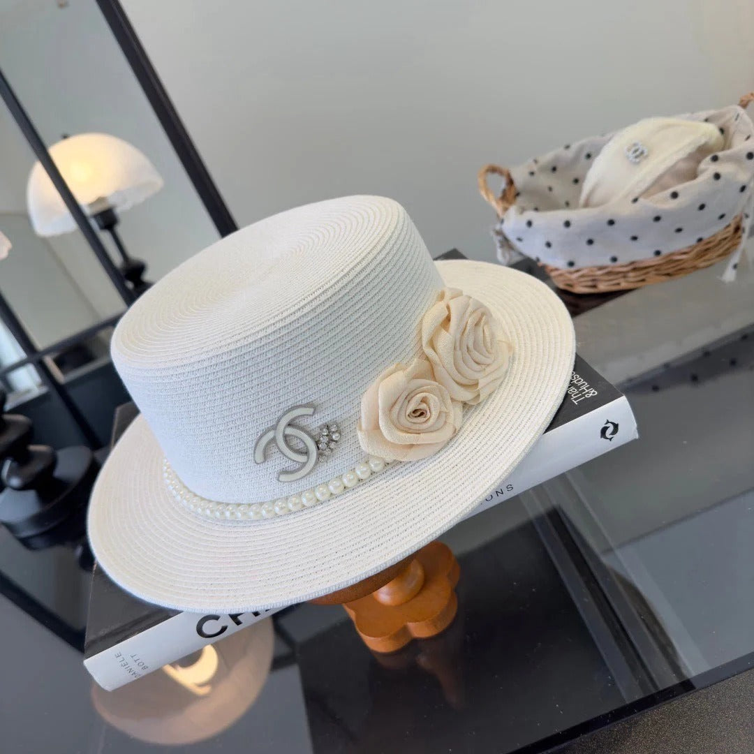Chanel Flat-top Straw Hat With Flower Pearl 269016