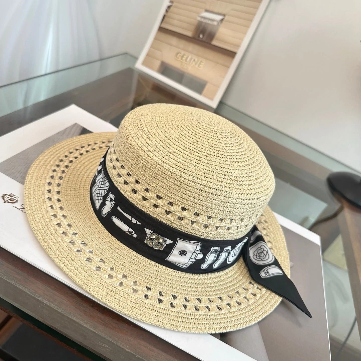 Chanel Flat-Top Straw Hat With Silk Ribbon 229106