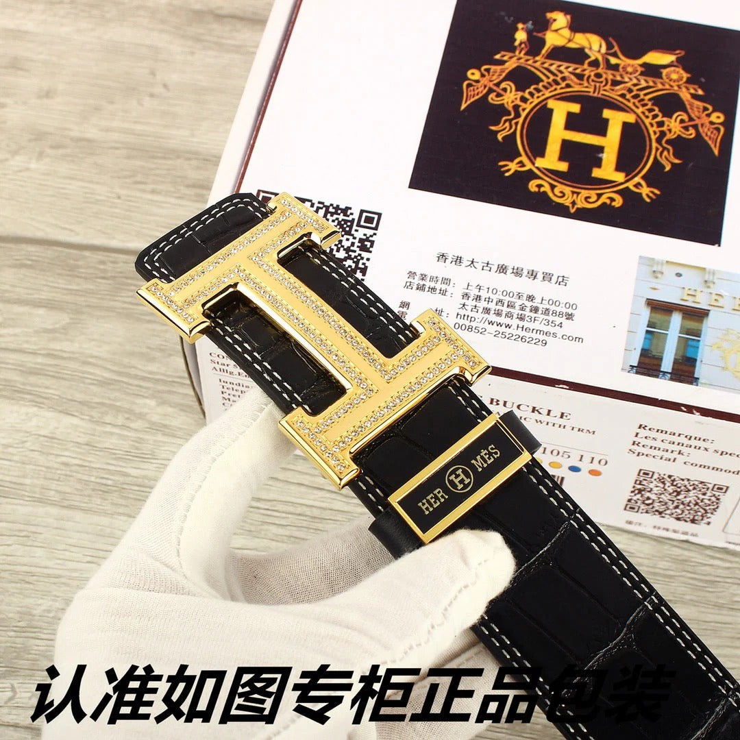 HM Original Belt 38mm Black Crocodile Pattern Gold Buckle 620264