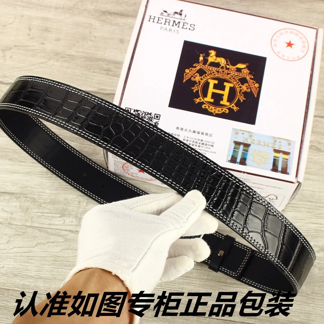 HM Original Belt 38mm Black Crocodile Pattern Sliver Buckle 620265