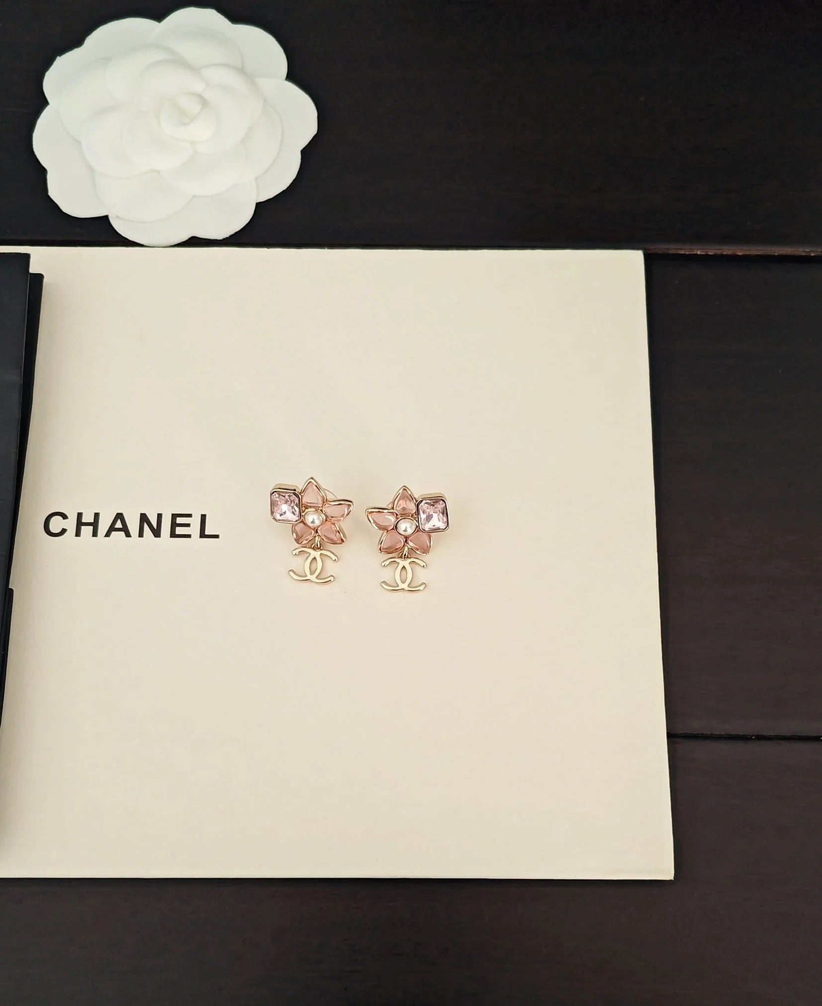CC Double C Pink Flower Light Gold Earrings