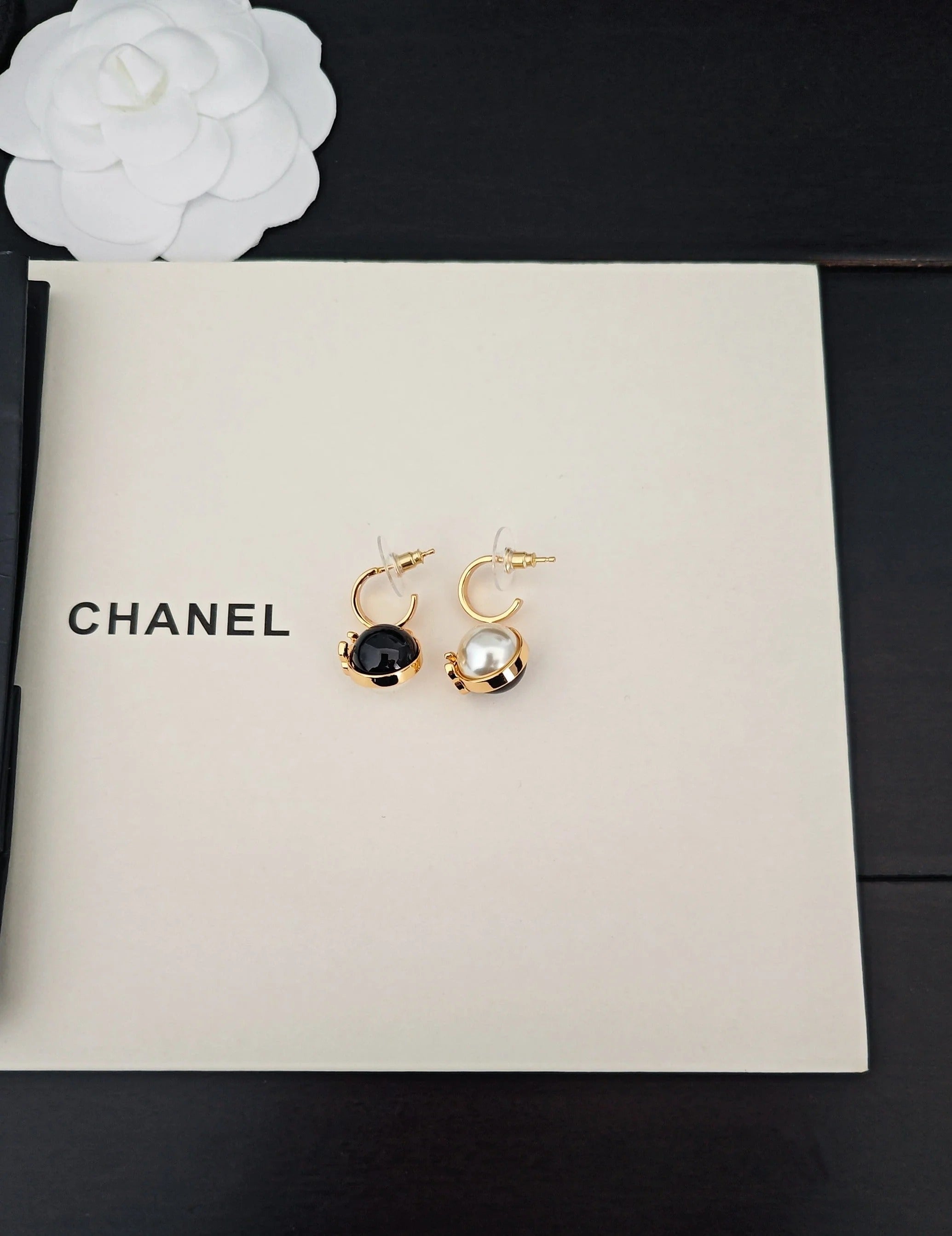 CC Double C Black White Ball Gold Earrings