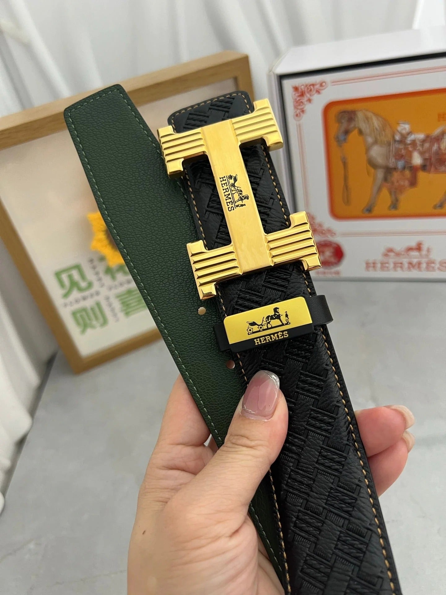 HM Belt 38mm Black Cowhide Leather Gold Buckle 618971