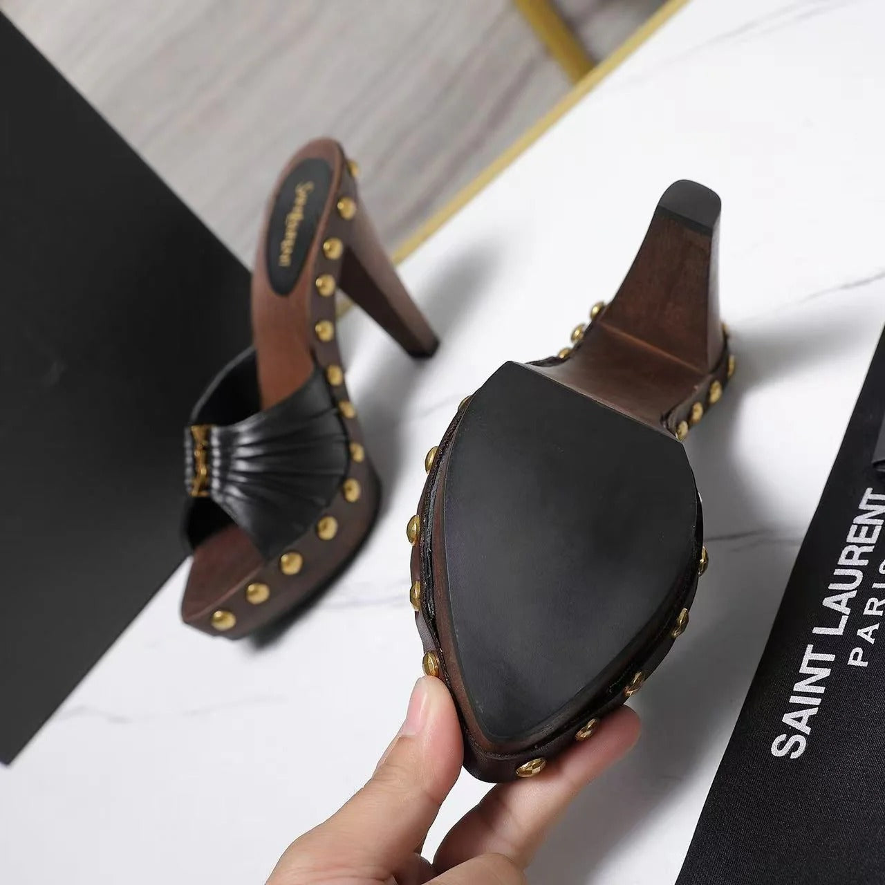 YSL 2026 Babylone Platform Sandal Brown Black Smooth Leather