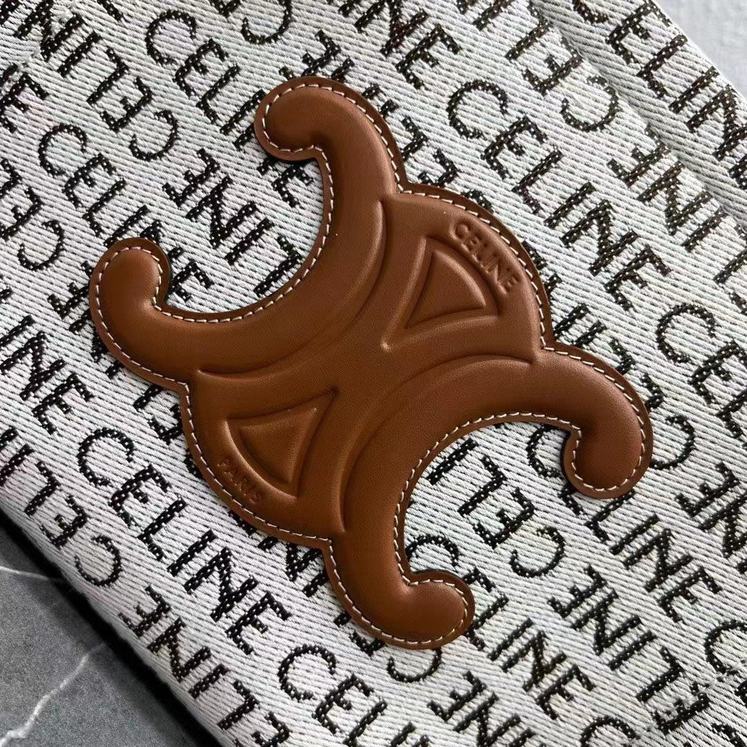 Celine 2026 Triomphe Printed Bag 26cm White Brown Black Canvas Calfskin 283599