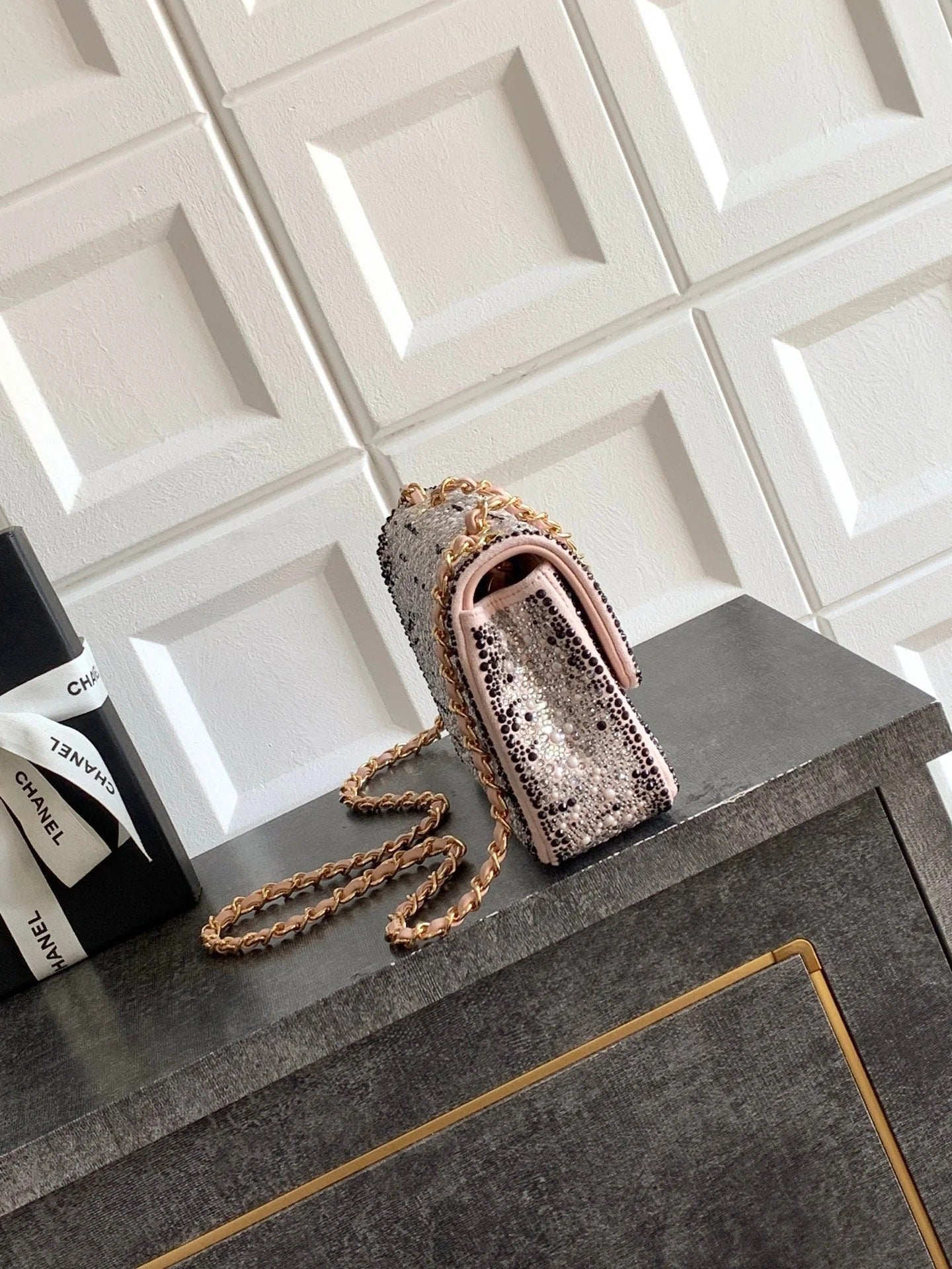 Chanel 2026 Flap Bag 20cm Pink Black Sequin Leather 348826