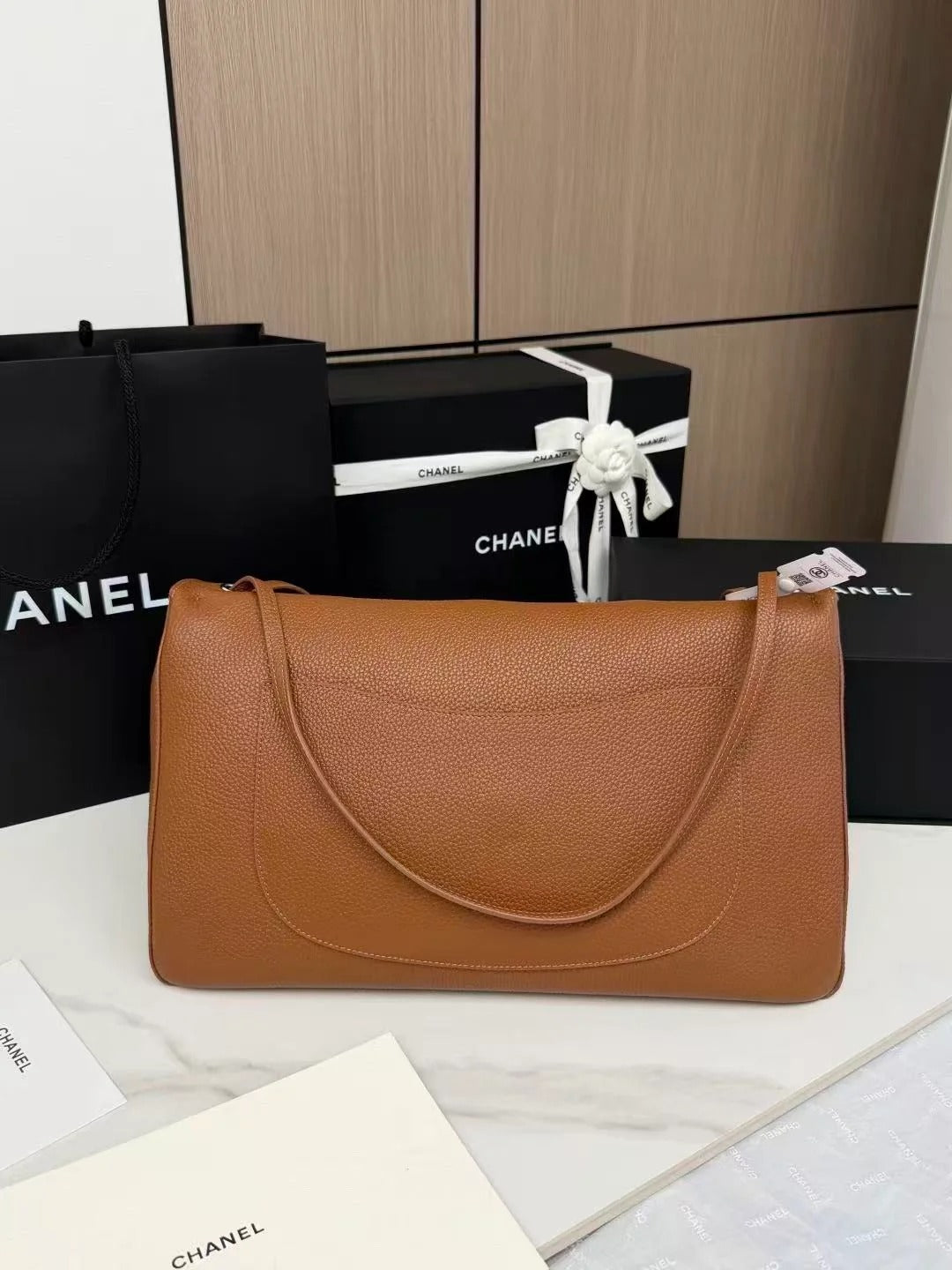 Chanel 2026 Maxi Flap Bag 38.5cm Camel Brown Grained Calfskin
