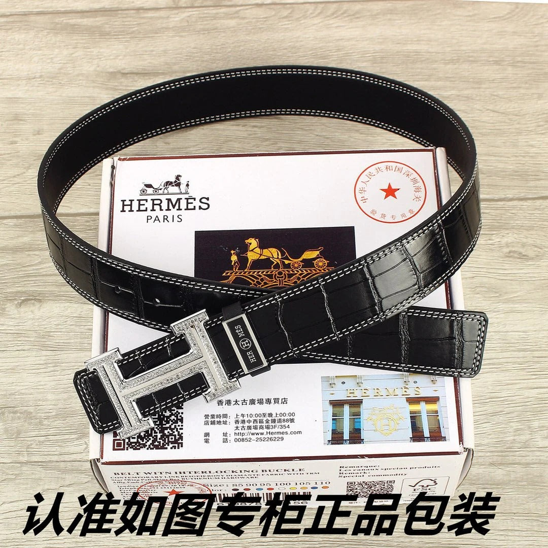HM Original Belt 38mm Black Crocodile Pattern Sliver Buckle 620265