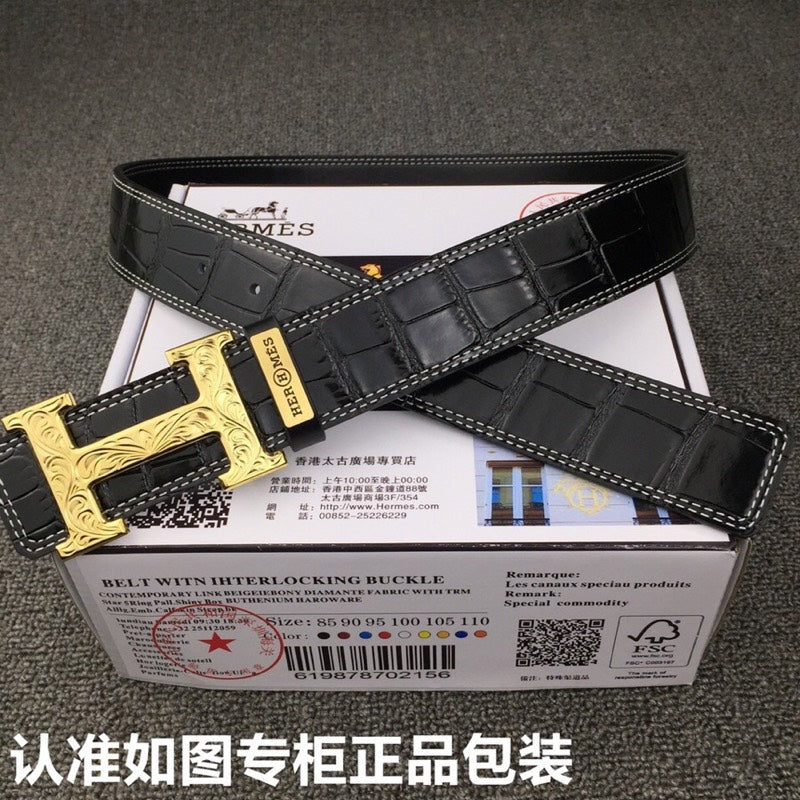 HM Belt 38mm Black Crocodile Leather Gold Buckle 619361