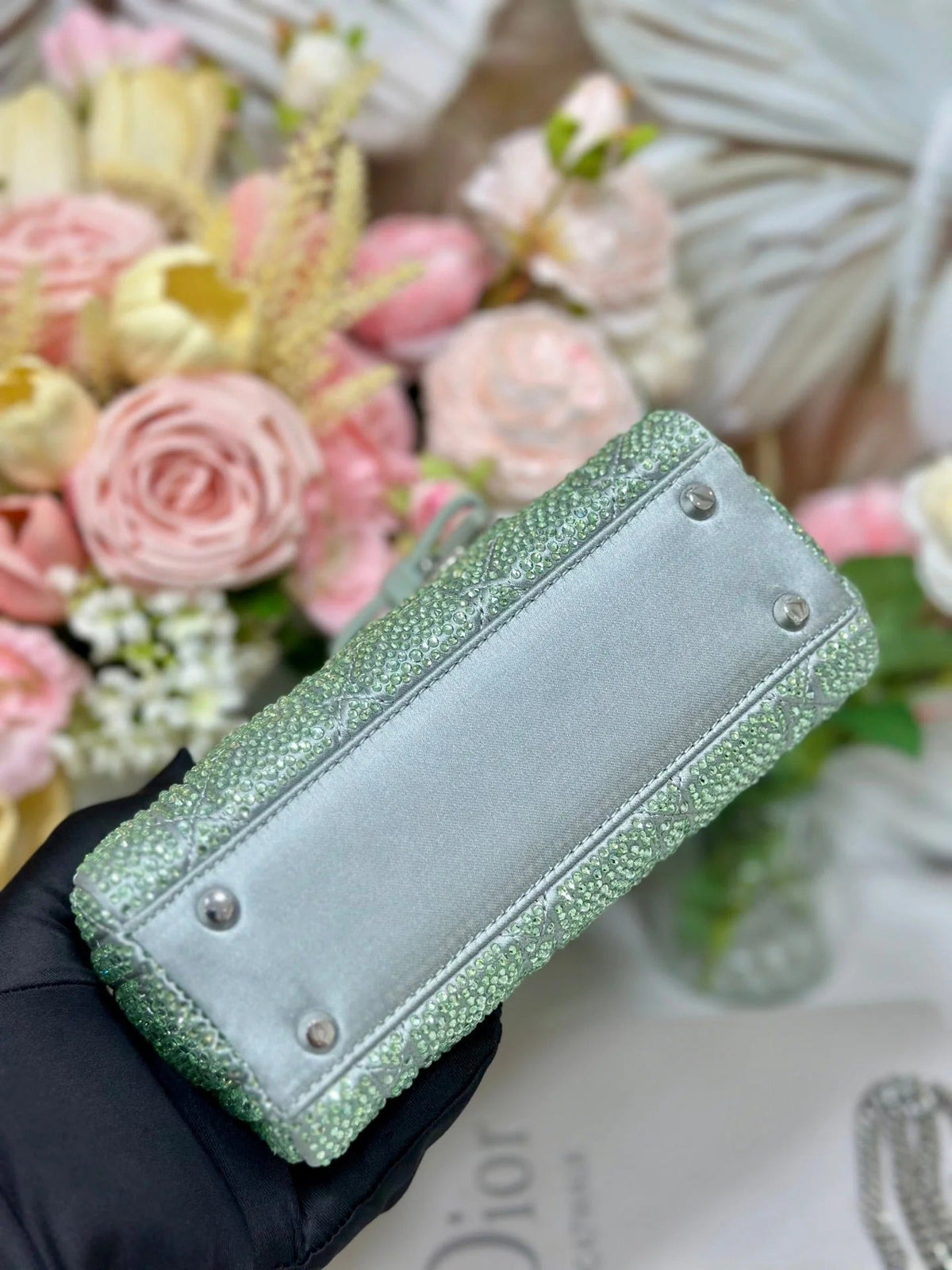 Dior 2026 Lady Dior Bag with Chain 17cm Green Cannage Satin and Strass