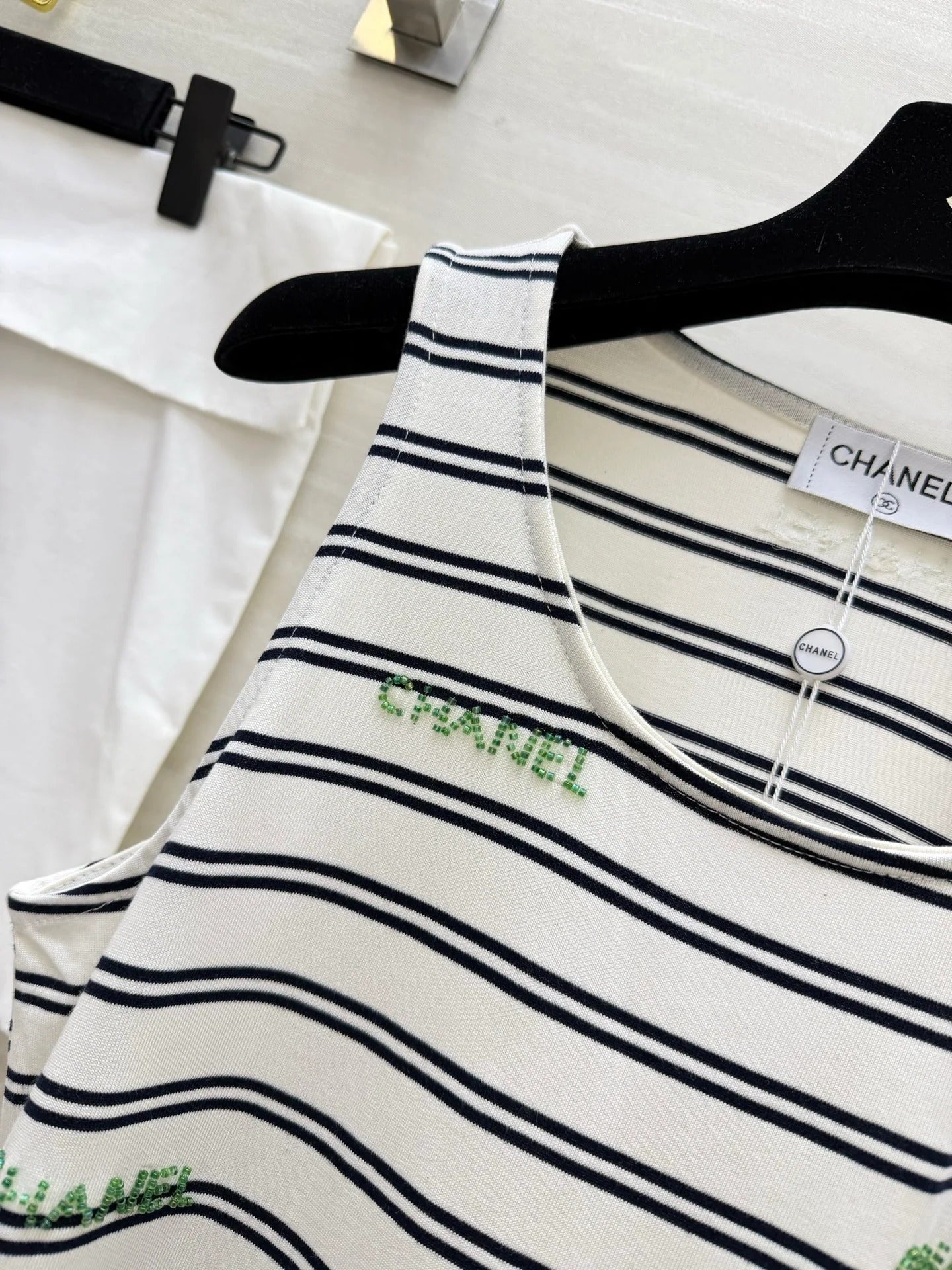 Chanel 2026 Striped Embroidered Vest White Black Cotton 213363