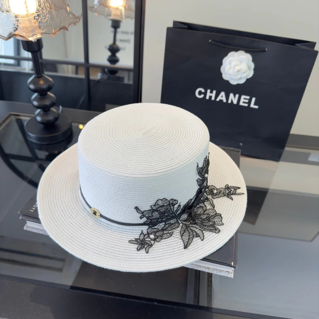 Chanel Flat-top White Black Straw Hat 269024