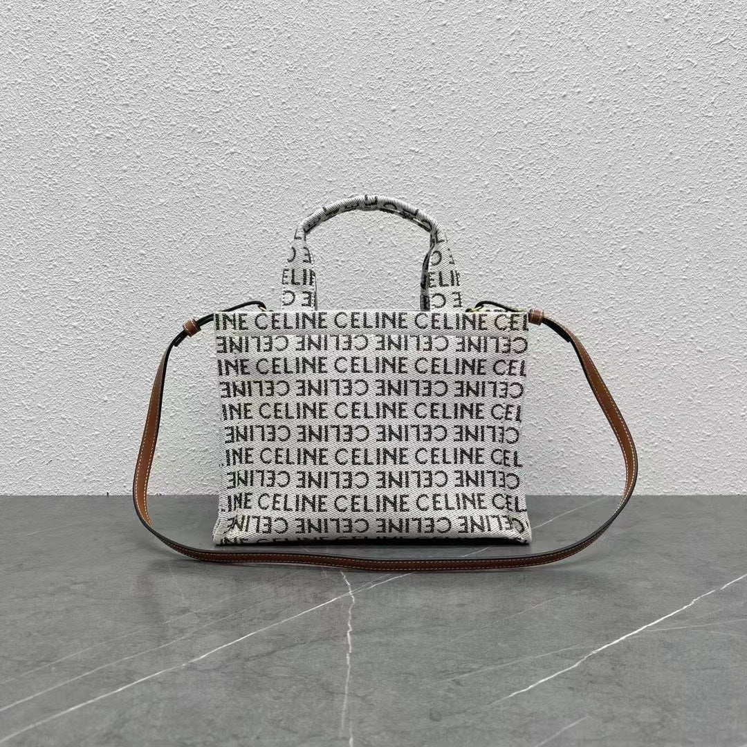 Celine 2026 Triomphe Printed Bag 26cm White Brown Black Canvas Calfskin 283599