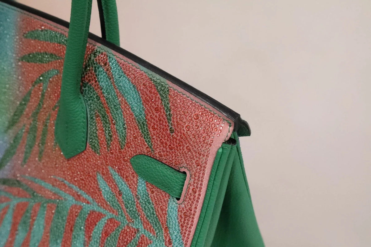 High-end Hermes 2026 "Paradise" Swarovski Crystal Birkin 35cm Bag Vert Vertigo Togo Leather