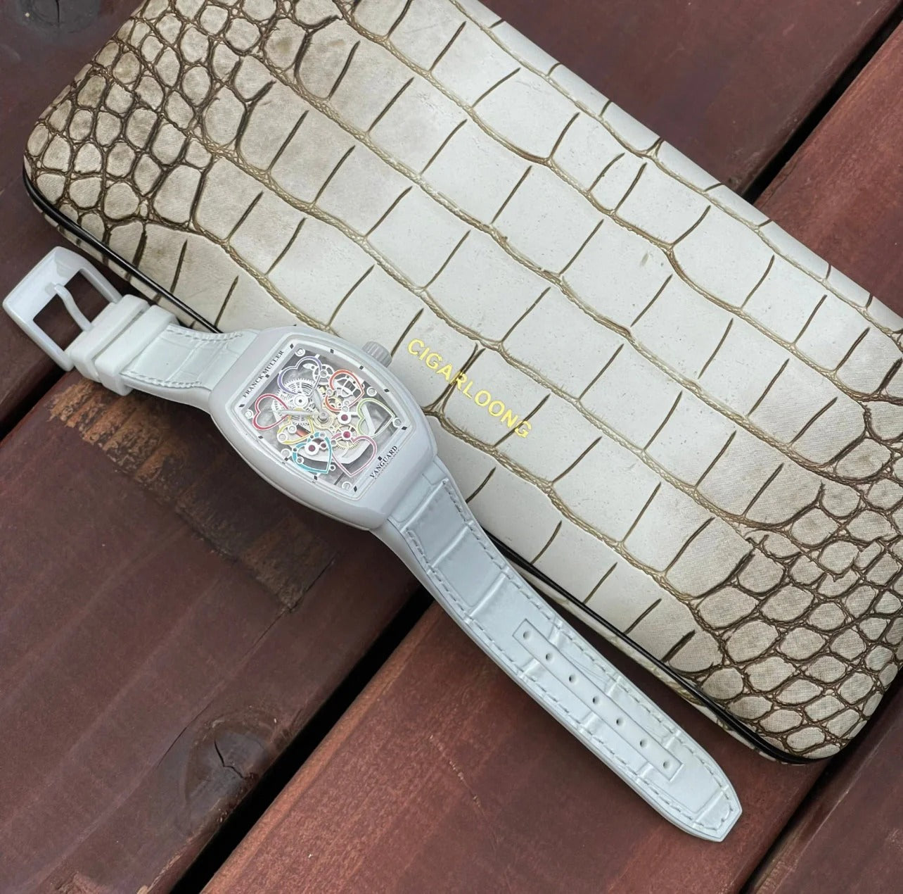 Franck Muller Vanguard 32mm Multicolor Heart Dial White Crocodial Leather