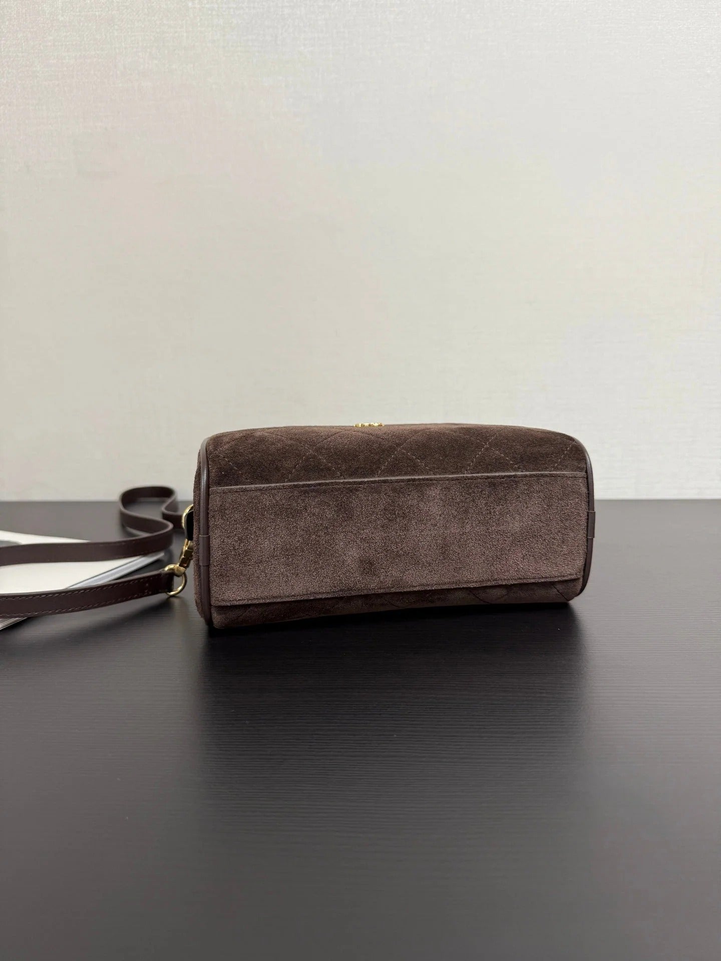 Chanel 2026 Pouch With Leather Strap 21cm Dark Brown Suede