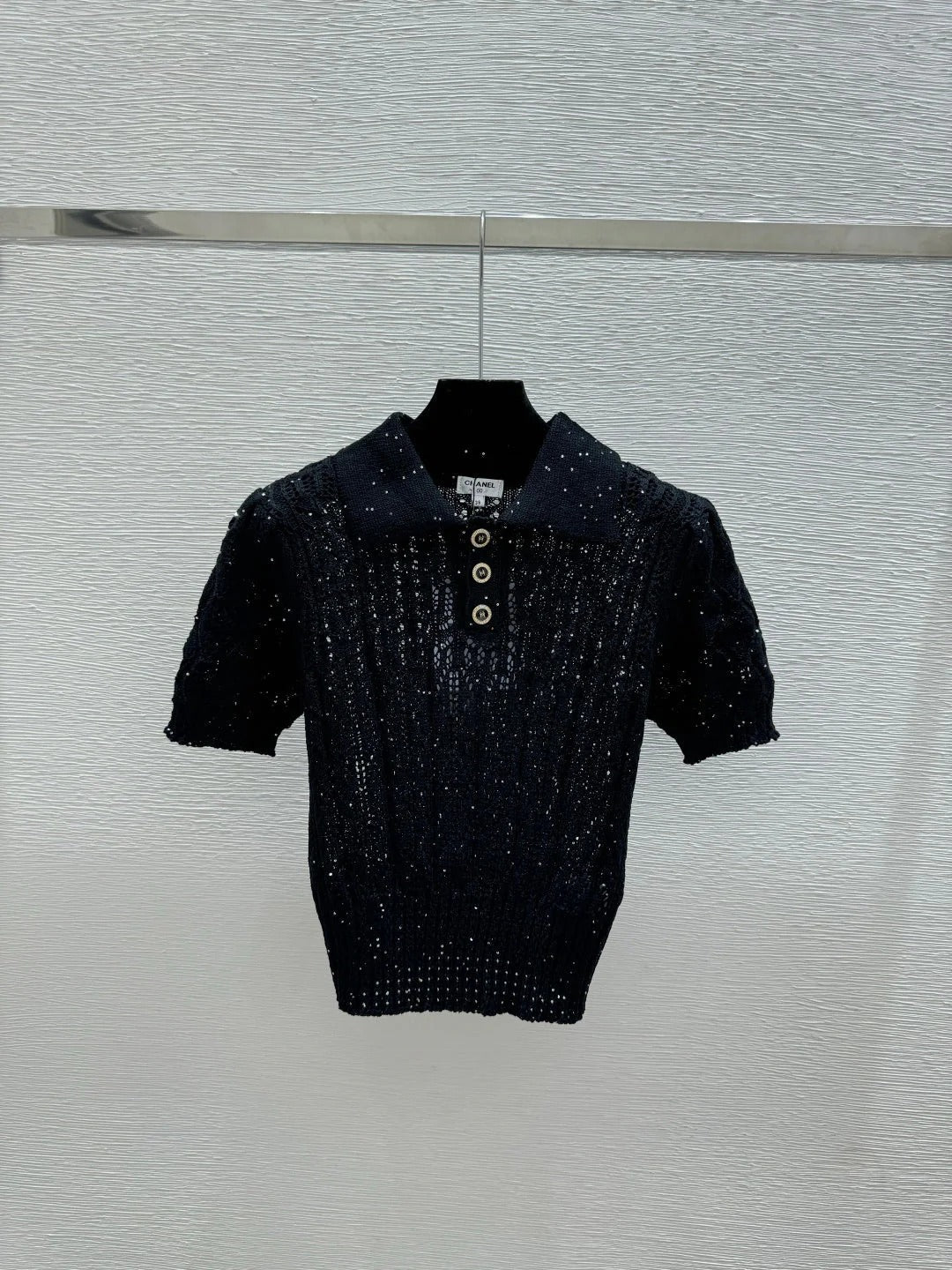 Chanel 2026 Sequin Hollow-Out Collar Knit Short-Sleeve Cotton 397678