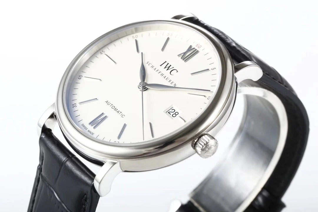 IWC Portofino 40mm Cream Dial Steel Case Black Leather Strap