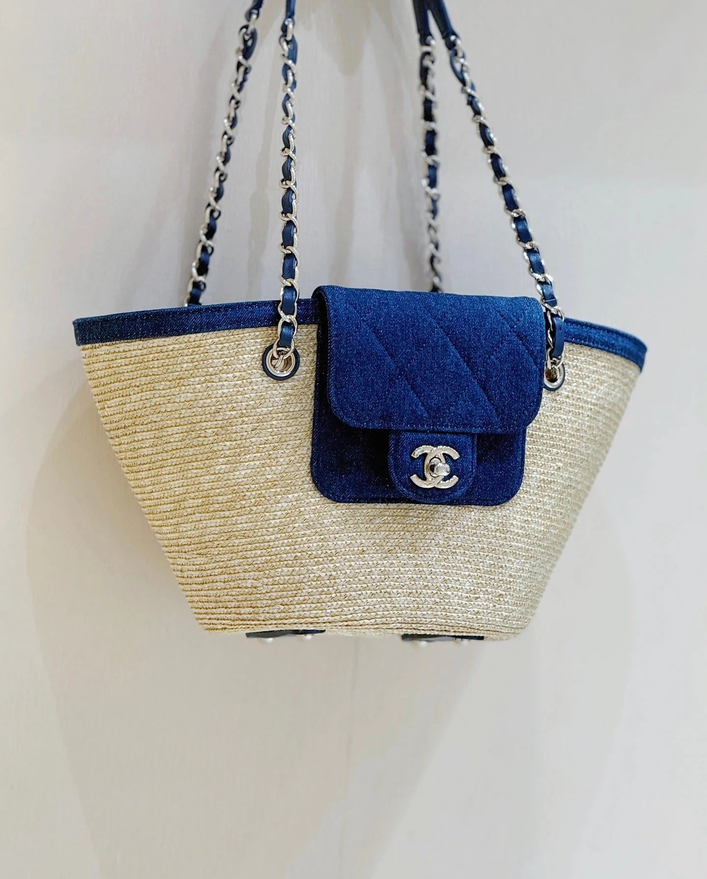 Chanel 2026 Shopping Bag 39cm Beige mix Blue Straw Denim