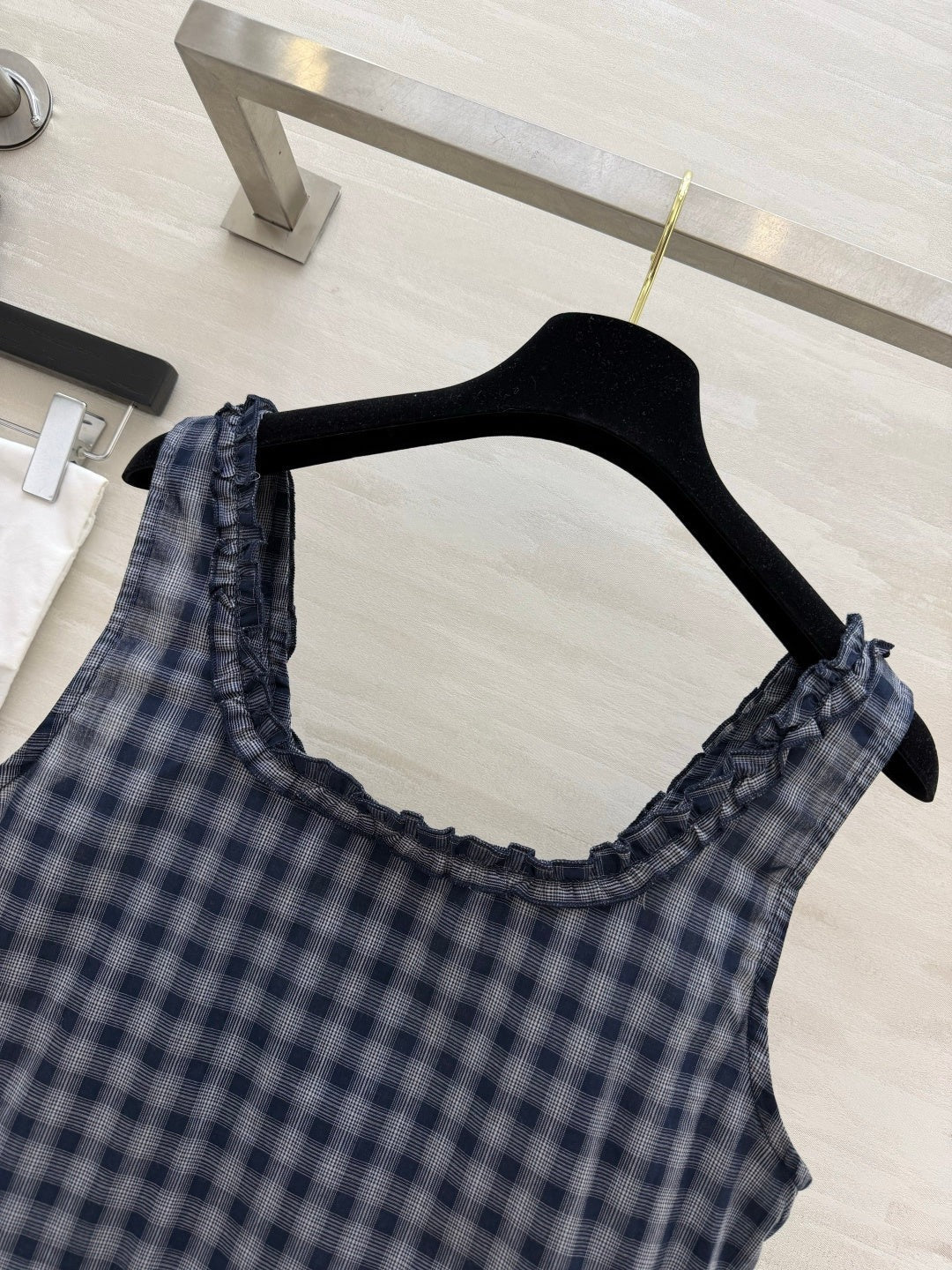 Chanel 2026 Checkered Ruffled Camisole Navy Blue Cotton