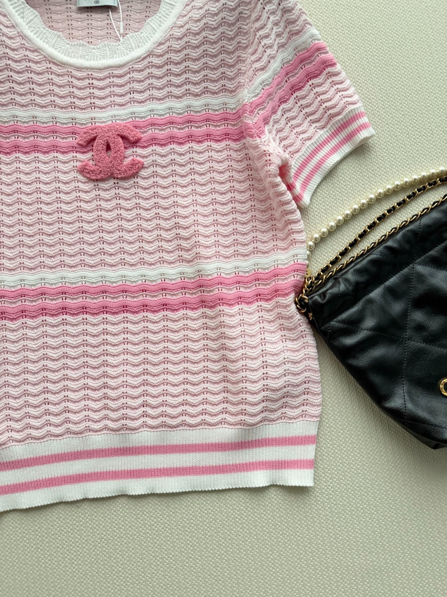 Chanel 2026 Striped Short-sleeved Shirt Pink White Wool