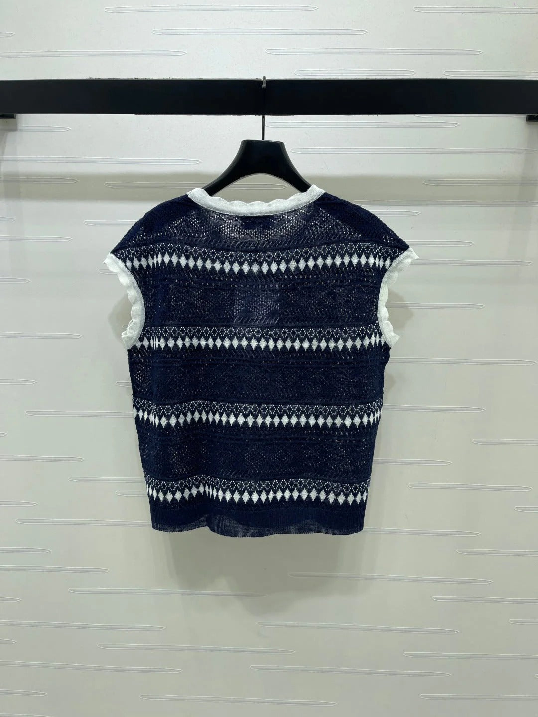 Chanel 2026 Hollow-out Striped Knit Vest Navy Blue Viscose 677769