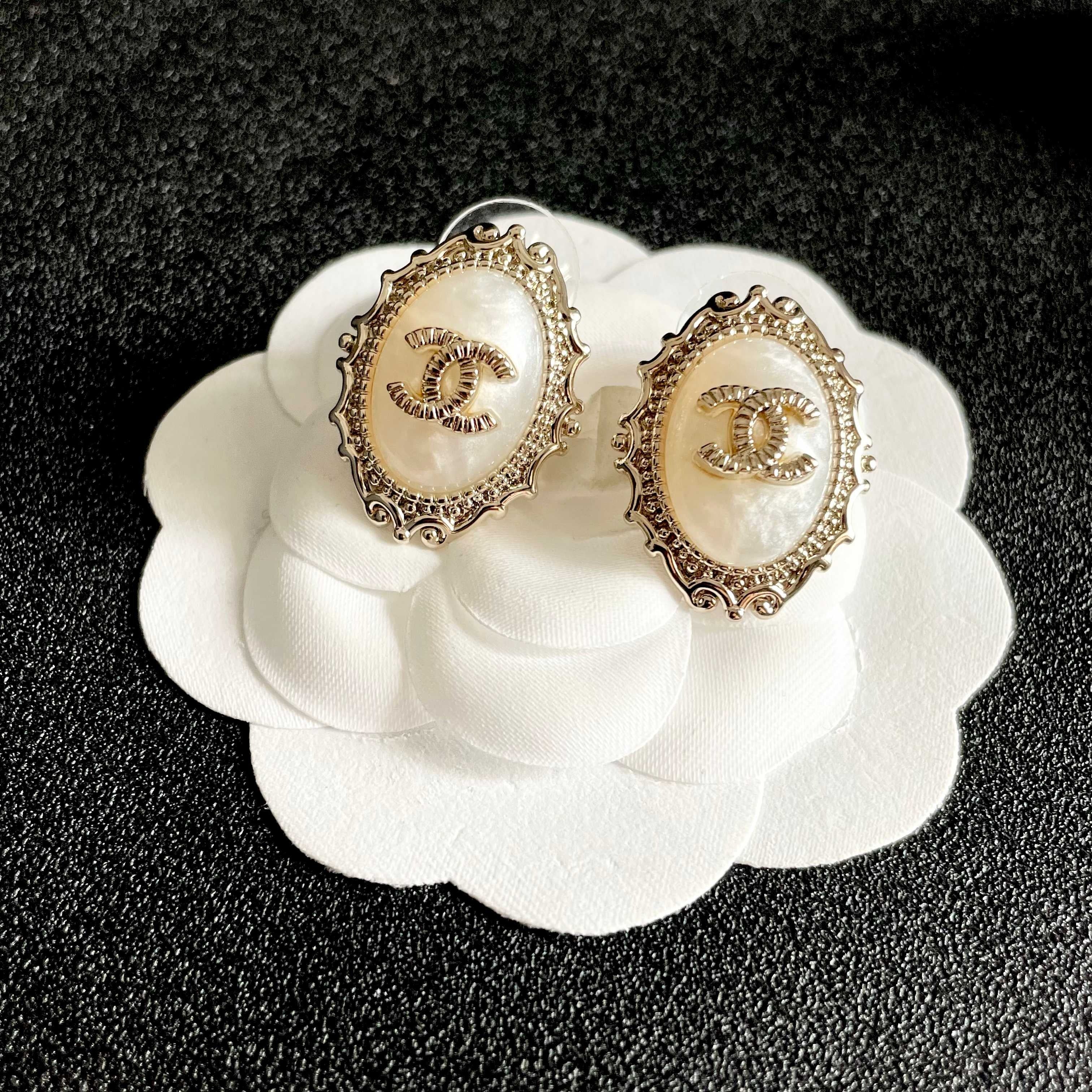 CC Double C White Pearl Gold Earrings
