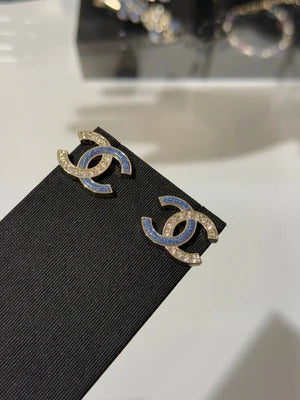 Chanel 2026 Light Gold Denim Patchwork Crystal Double C Stud Earrings