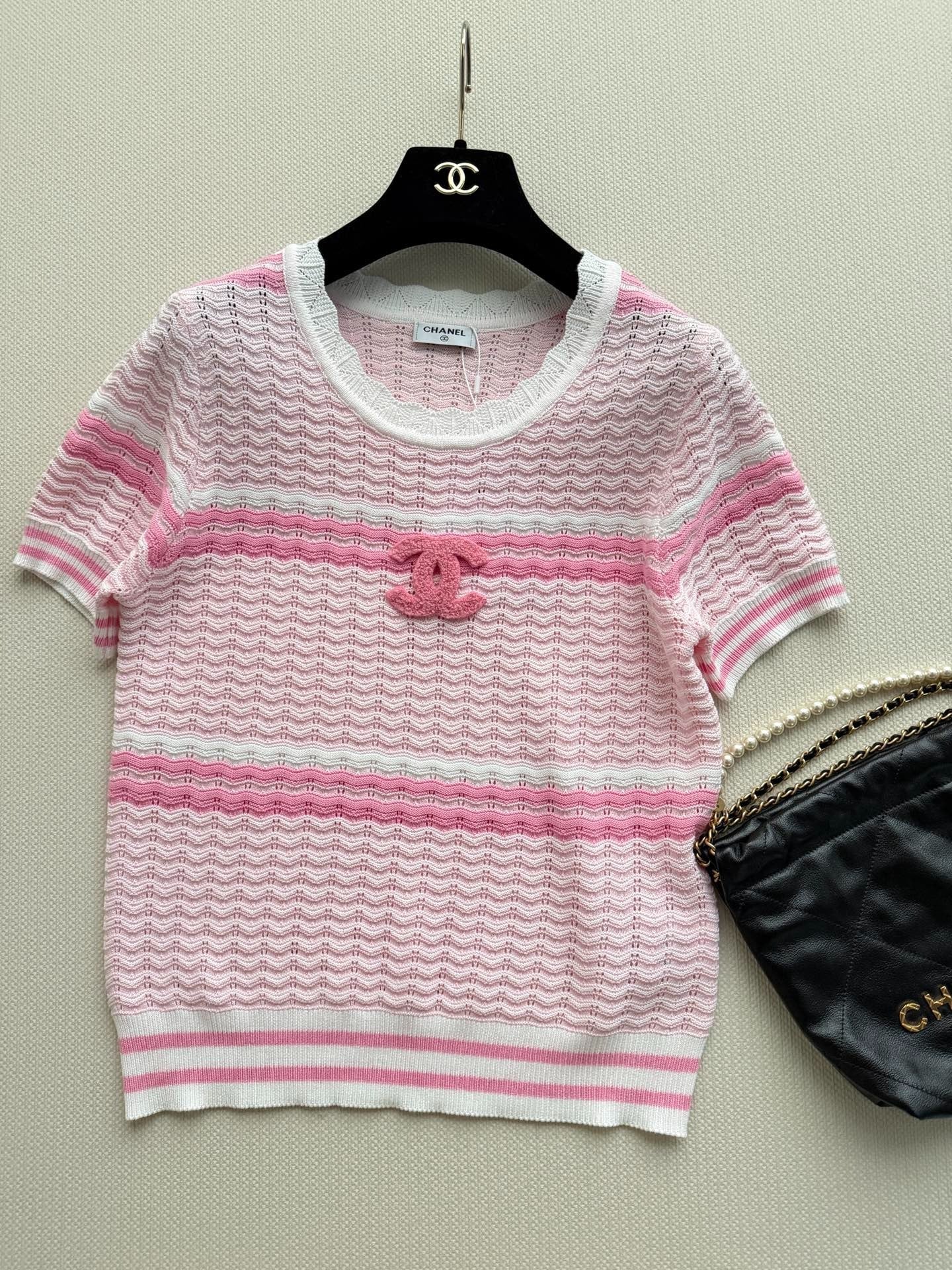 Chanel 2026 Striped Short-sleeved Shirt Pink White Wool