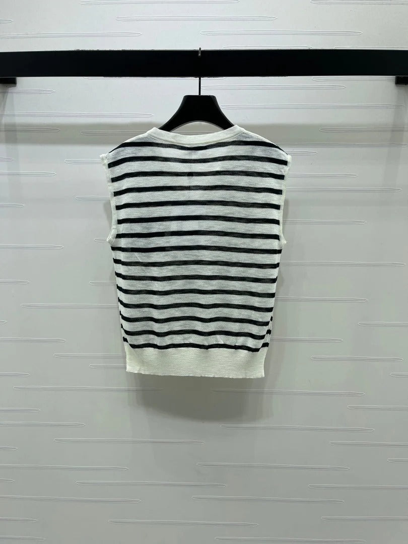 Chanel 2026 Color-blocked Striped V-neck Vest Black Cream Cotton 380675
