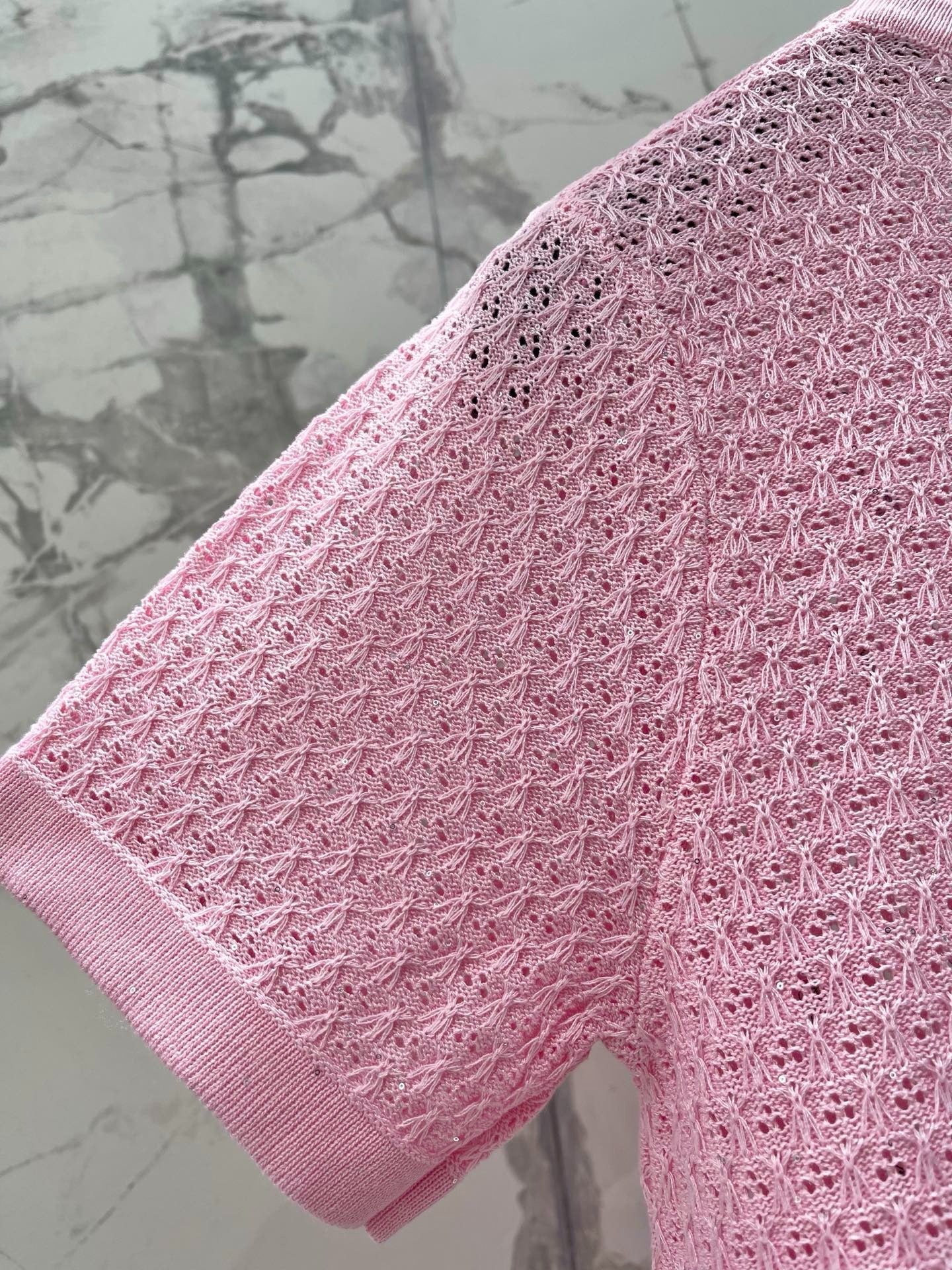 Dior 2026 Embroidered Bow Knit Short-sleeved Top Pink Cotton 714725