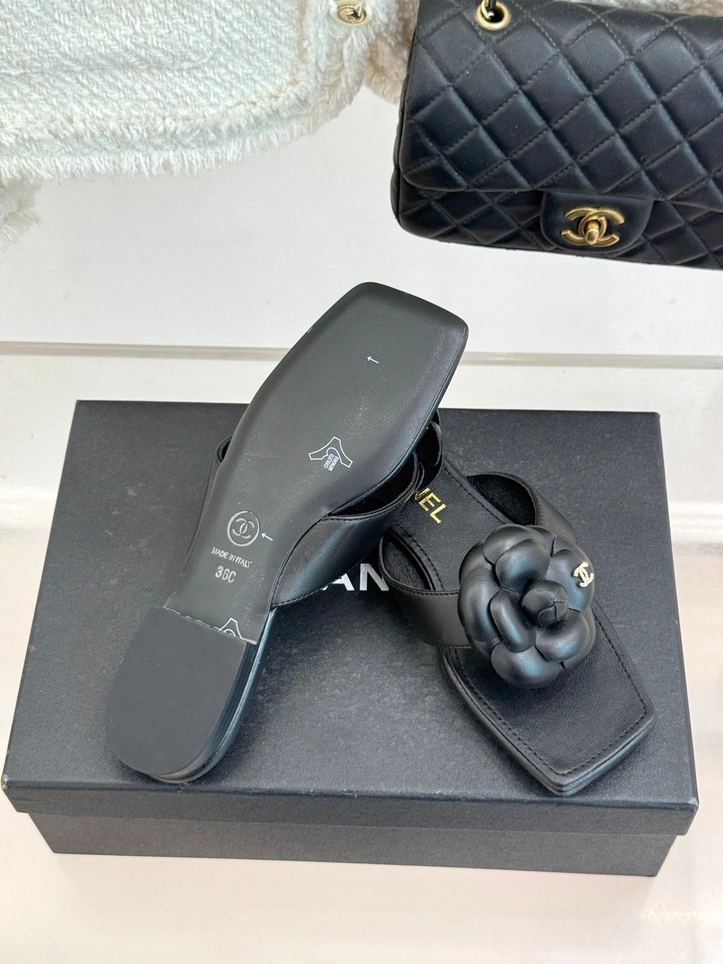 Chanel 26 Camellia Flip-Flops Black in Cowhide 706386