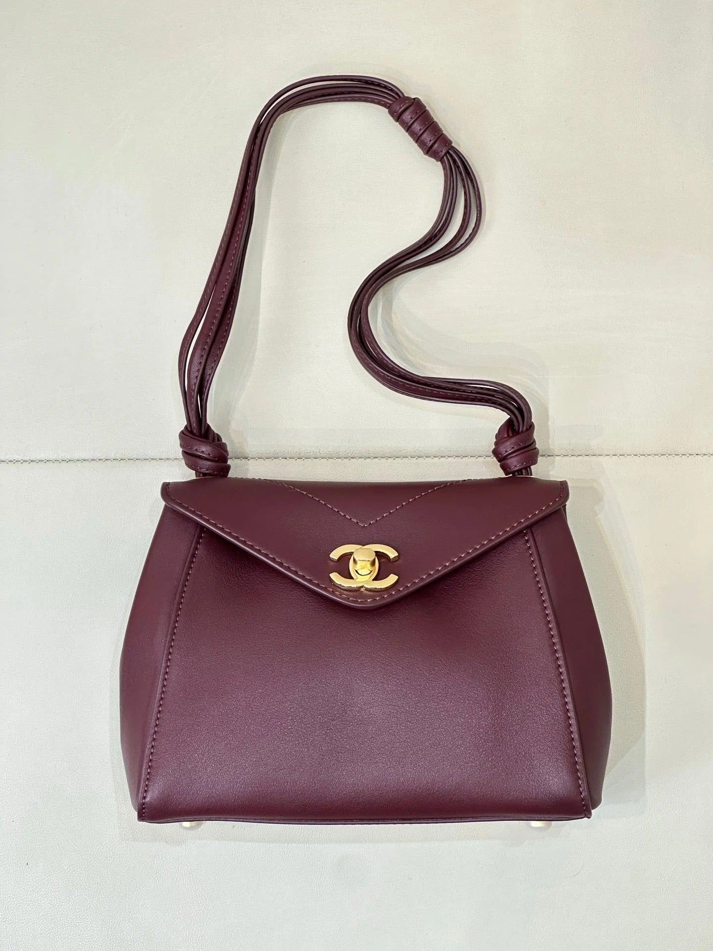 Chanel 2026 V-shaped Flap Bag 19.5cm Burgundy Smooth Leather