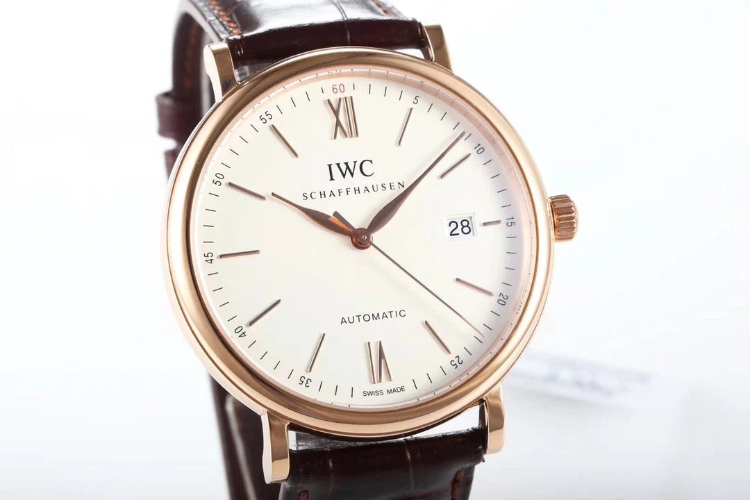 IWC Portofino 40mm White Dial Pink Gold Case Brown Leather