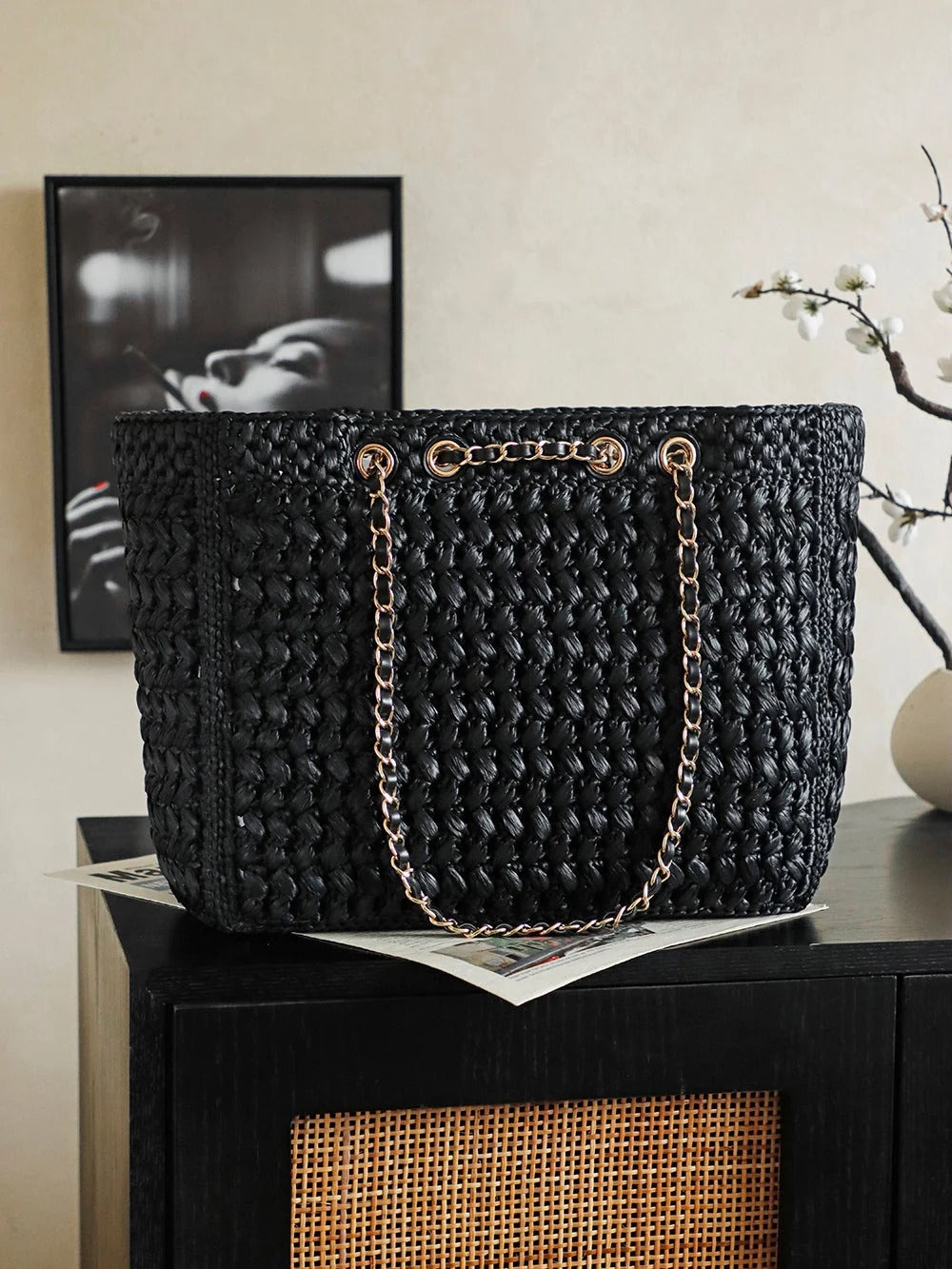 Chanel 2026 Coco Beach Shopping Bag 35cm Black Raffia