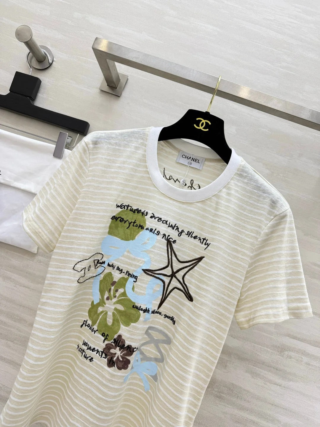 Chanel 2026 Striped Print Short-Sleeve T-Shirt Cream Blue Green Cotton